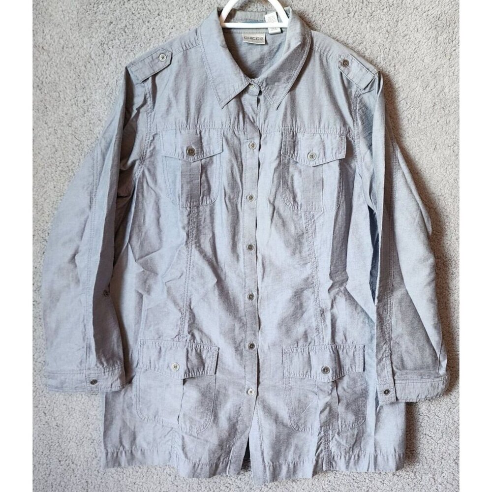 Chico's Womens Long Sleeve Button Up Shirt 4 Pocket Utility Jacket Shacket Sz XL